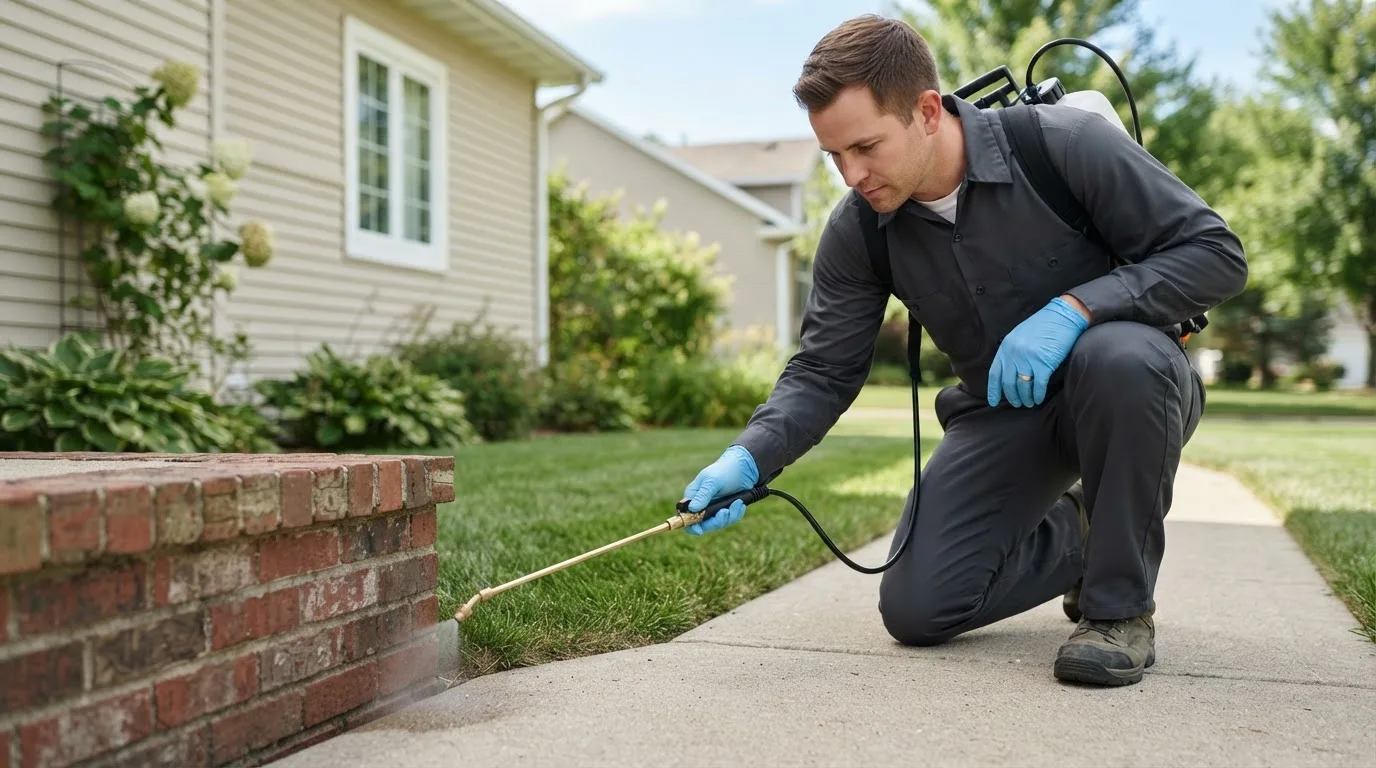 Pest control technician treating a home near Estacada, OR